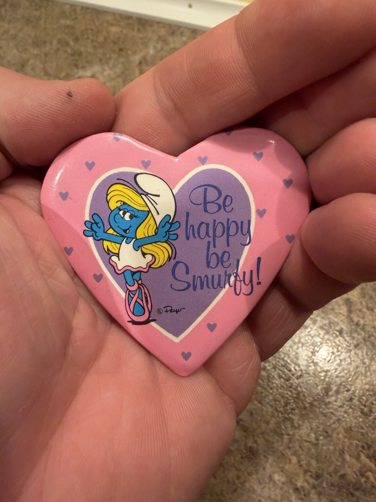 Vintage Pin -  Be Happy Be Smurfy , Heart Shaped