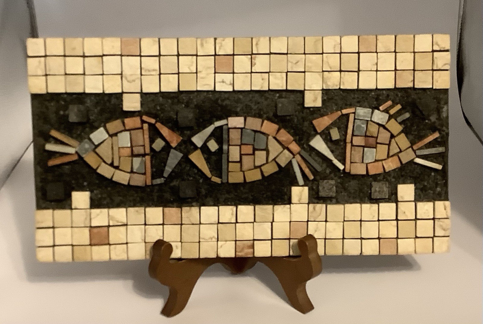 Eilon Mosaics Studio Stone Mosaic Plaque Three Fish Handmade Israel c.1950s Eilon Mosaics Studio Stone Mosaic Plaque Three Fish Handmade Israel c.1950s