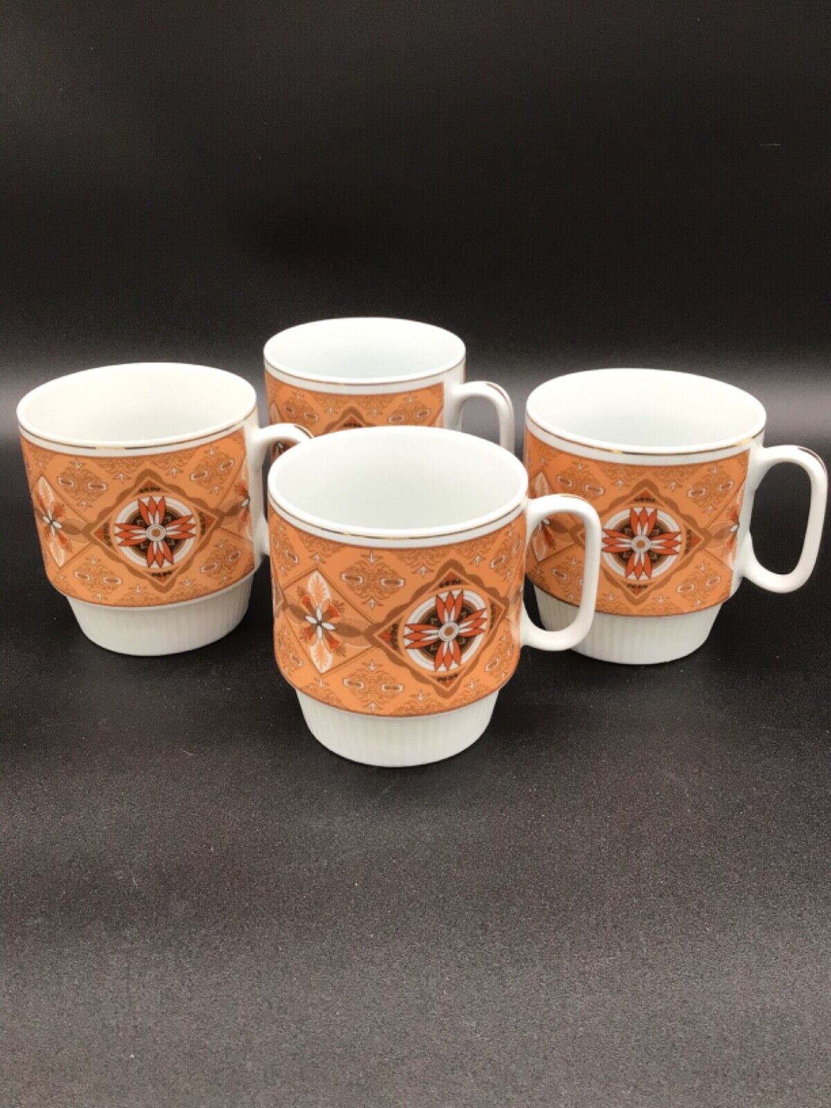 Lot of 4 Vintage Mod Stacking Coffee Cups Orange & Brown Boho Chic