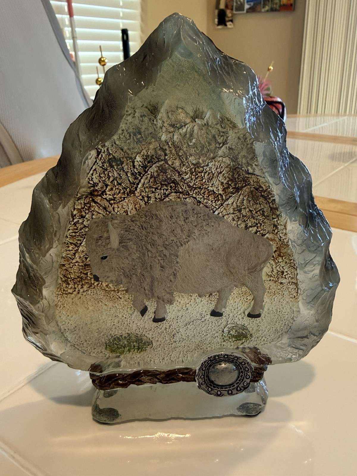 Vintage 3D Relief White Bison Buffalo Resin Sculpture Arrowhead Shape