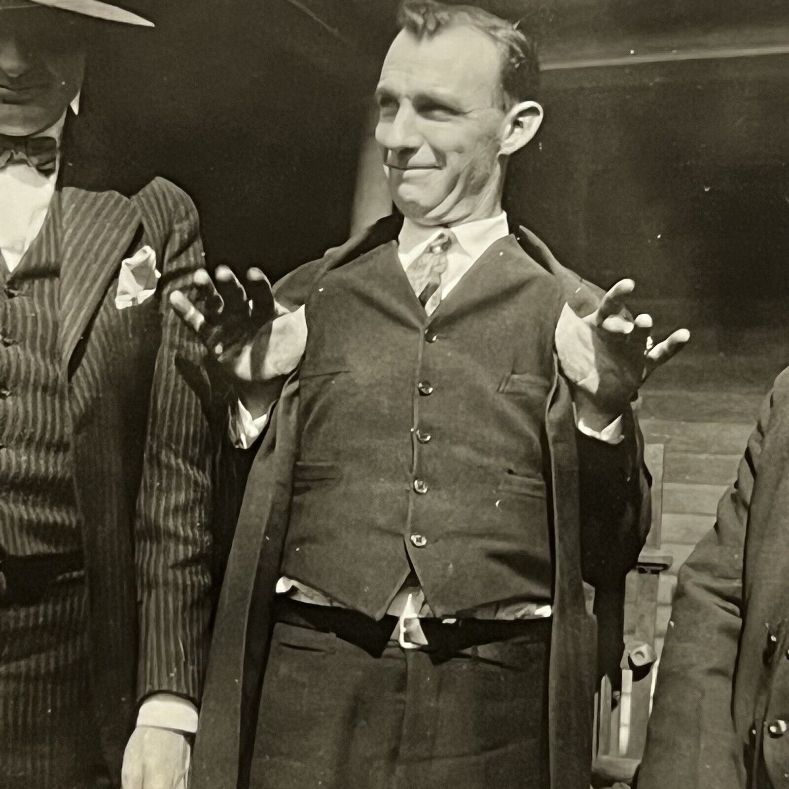 Vintage B&W Snapshot Group Photograph Men Talking Hand Gesture Everyday Life