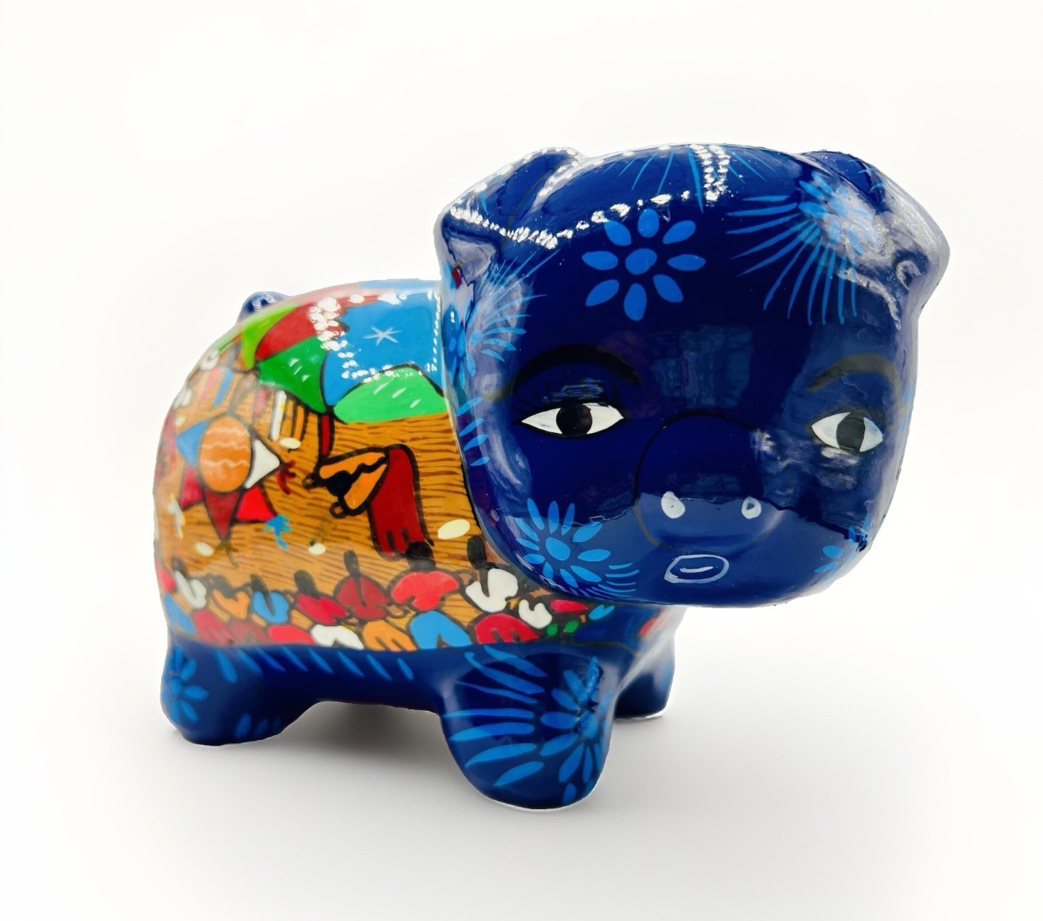 VTG Pottery Talavera Piggy Coin Bank Blue Hand Painted Pig Wedding Scene 6”H EUC