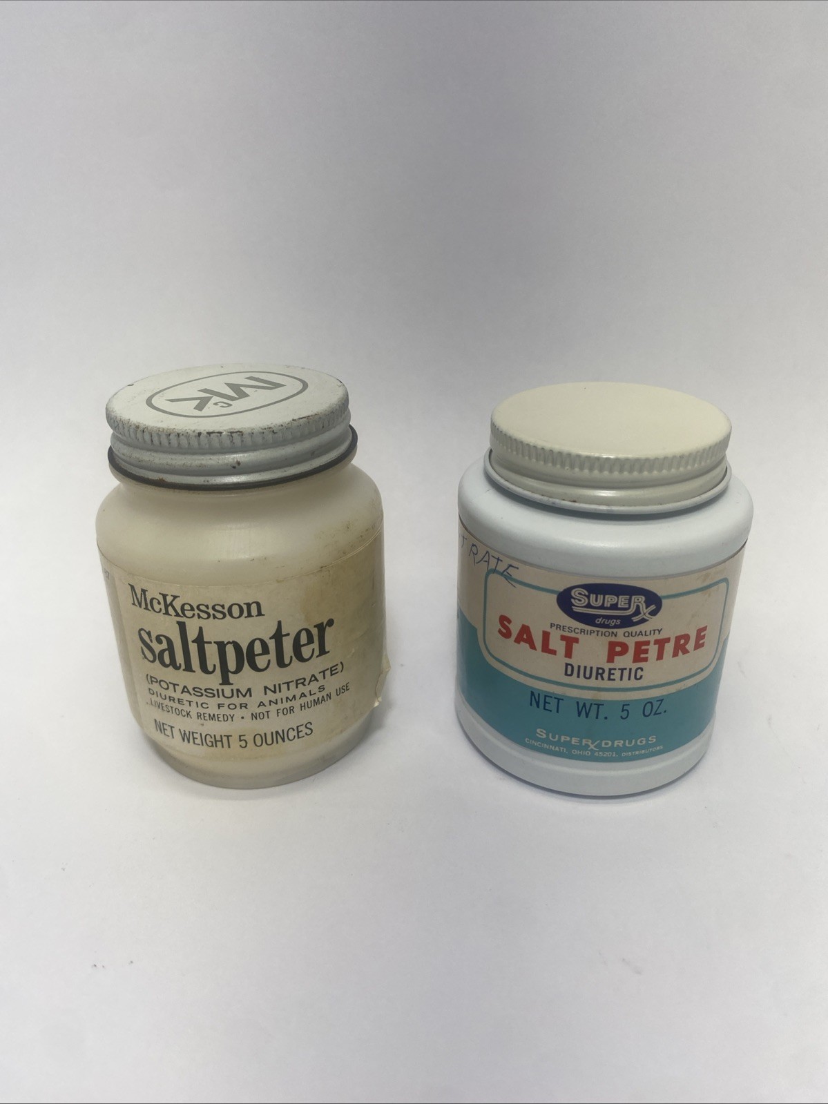 Vintage Apothecary Lot Of 2: McKesson Saltpeter 1970’s, SupeRx Salt Petre 1960’s