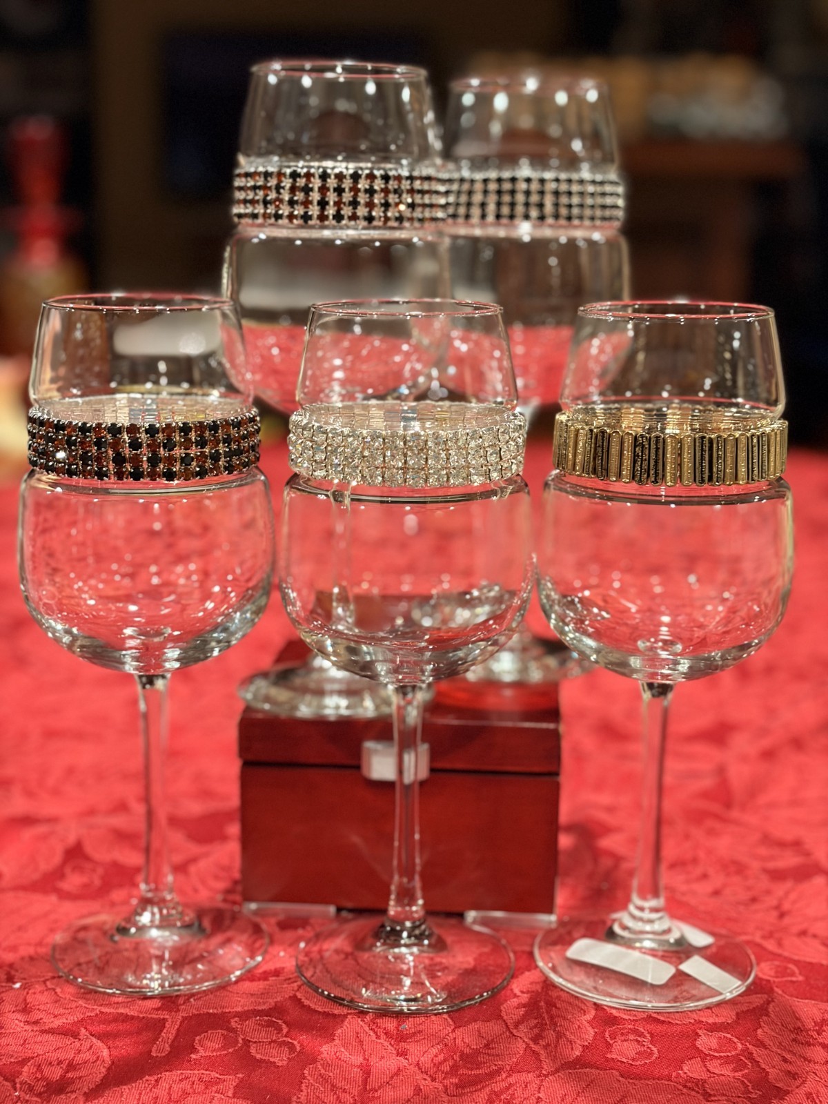 Shimmering Wines Stemware Designs Rhinestone Cuffed Wine Glasses Set of 6 MCM