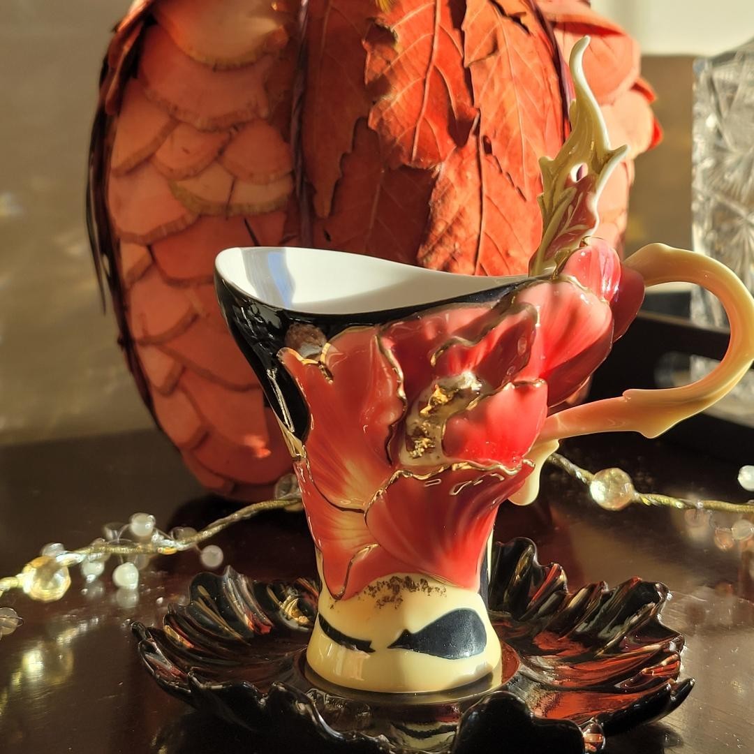 Rare Vtg Franz Cup/ Scr/ Spoon Set Striking Vermillion Peony Flower Porcelain