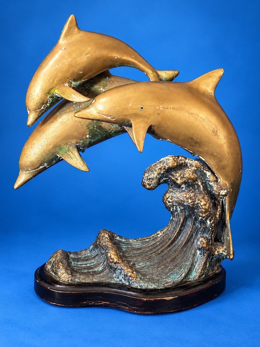 Vintage Brass 3 Dolphins Sculpture Ocean Waves Wood Base 14” Tall La Jolla Decor