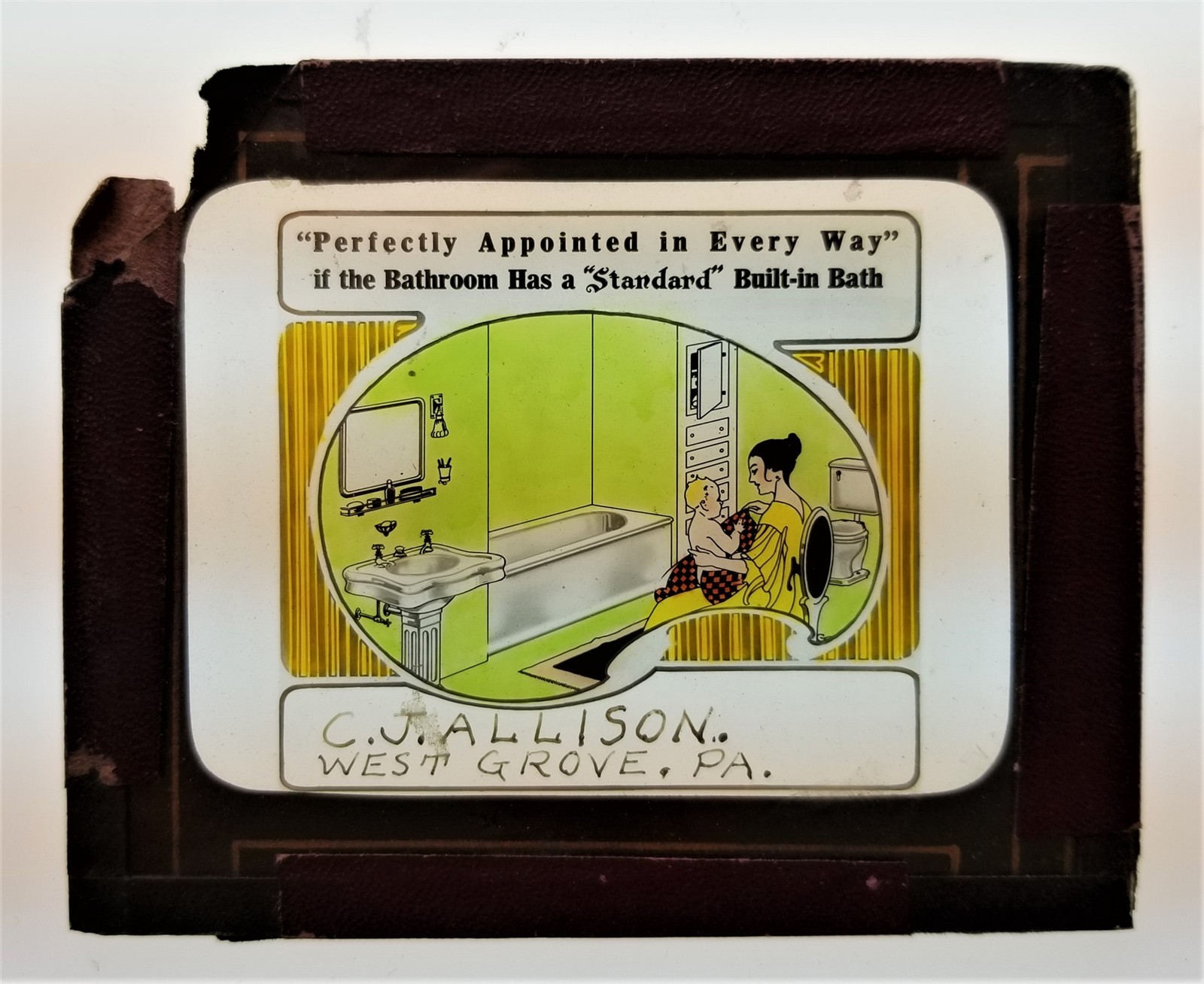antique MAGIC LANTERN GLASS SLIDE ad C J ALLISON STANDARD TUB west grove pa 