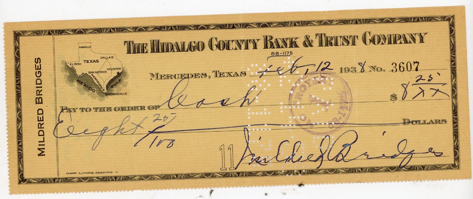 1938 Texas Check Hidalgo County Bank & Trust Mercedes TX Mildred Bridges Signed 1938 Texas Check Hidalgo County Bank & Trust Mercedes TX Mildred Bridges Signed