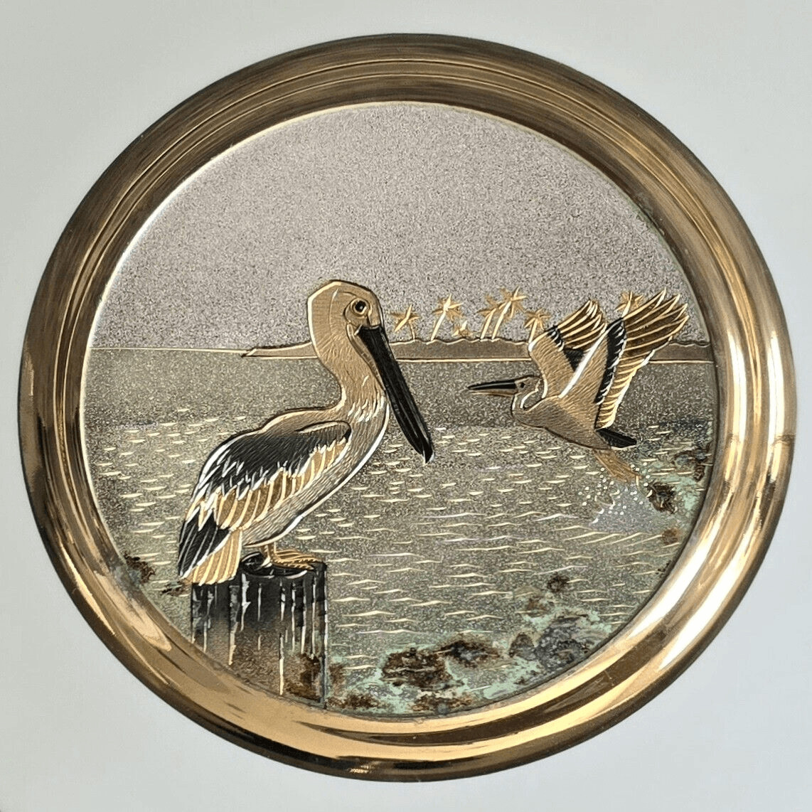 Dynasty Gallery Plate Art Of Chokin Storks On Pier 24k Gold Rim Silver Japanese