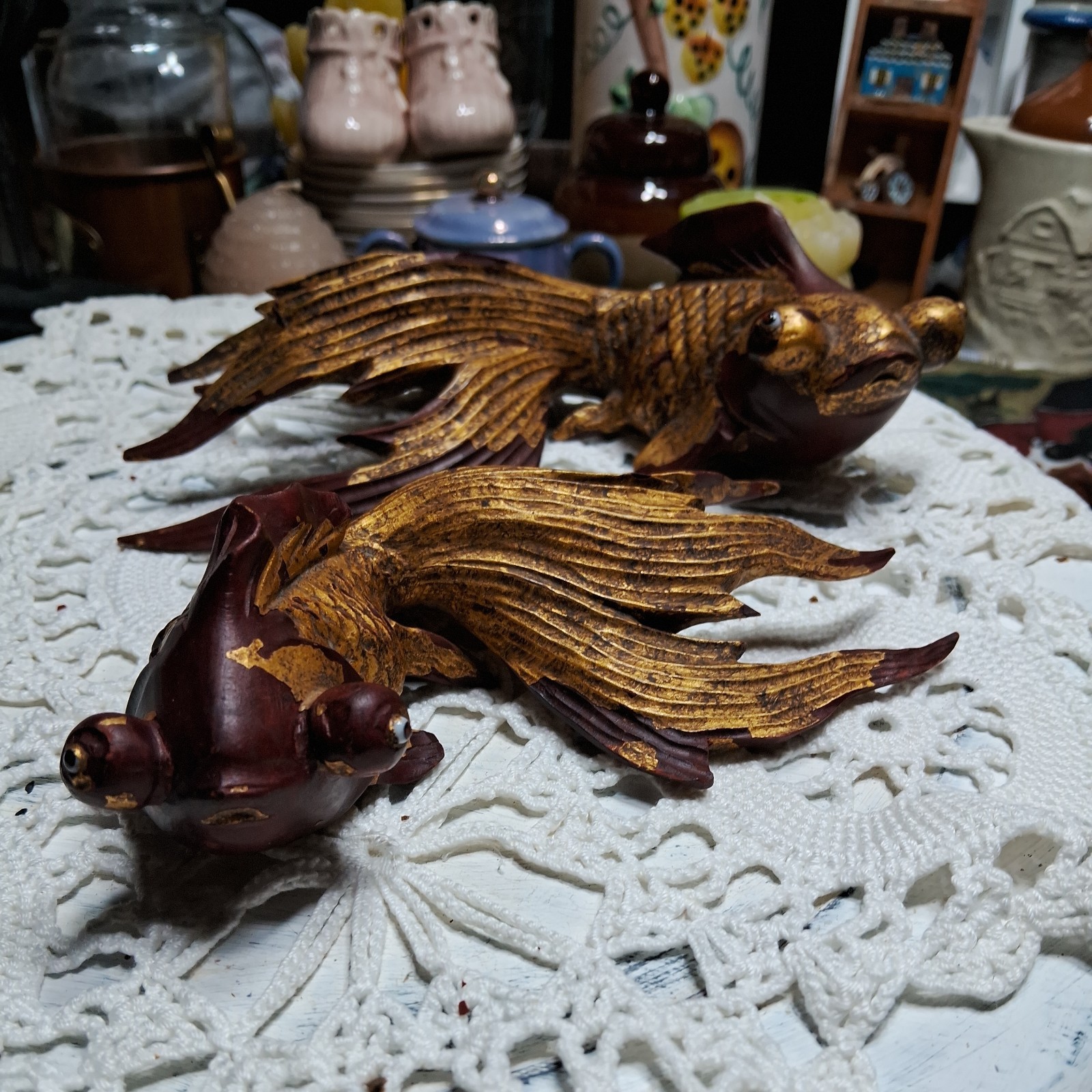 Vintage Rosewood goldleaf Asian Carved Koi Fish, Pair w/ Small Glass Eyes Vintage Rosewood goldleaf Asian Carved Koi Fish, Pair w/ Small Glass Eyes