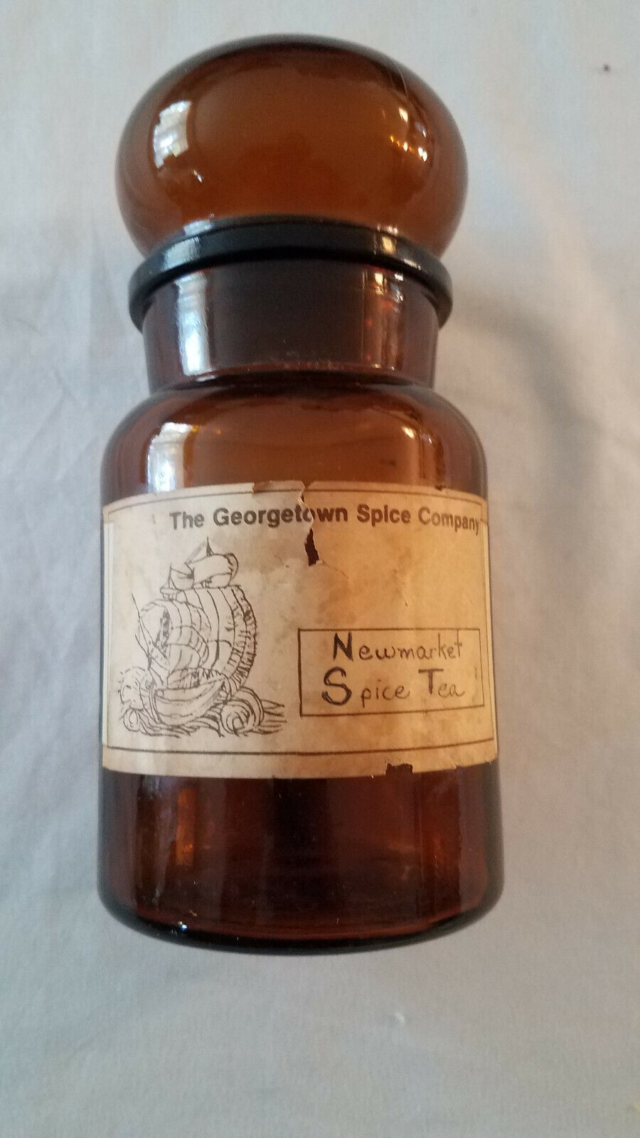 Vintage Amber Brown Glass Bubble Lid Apothecary Jar - Made in Belgium w/label
