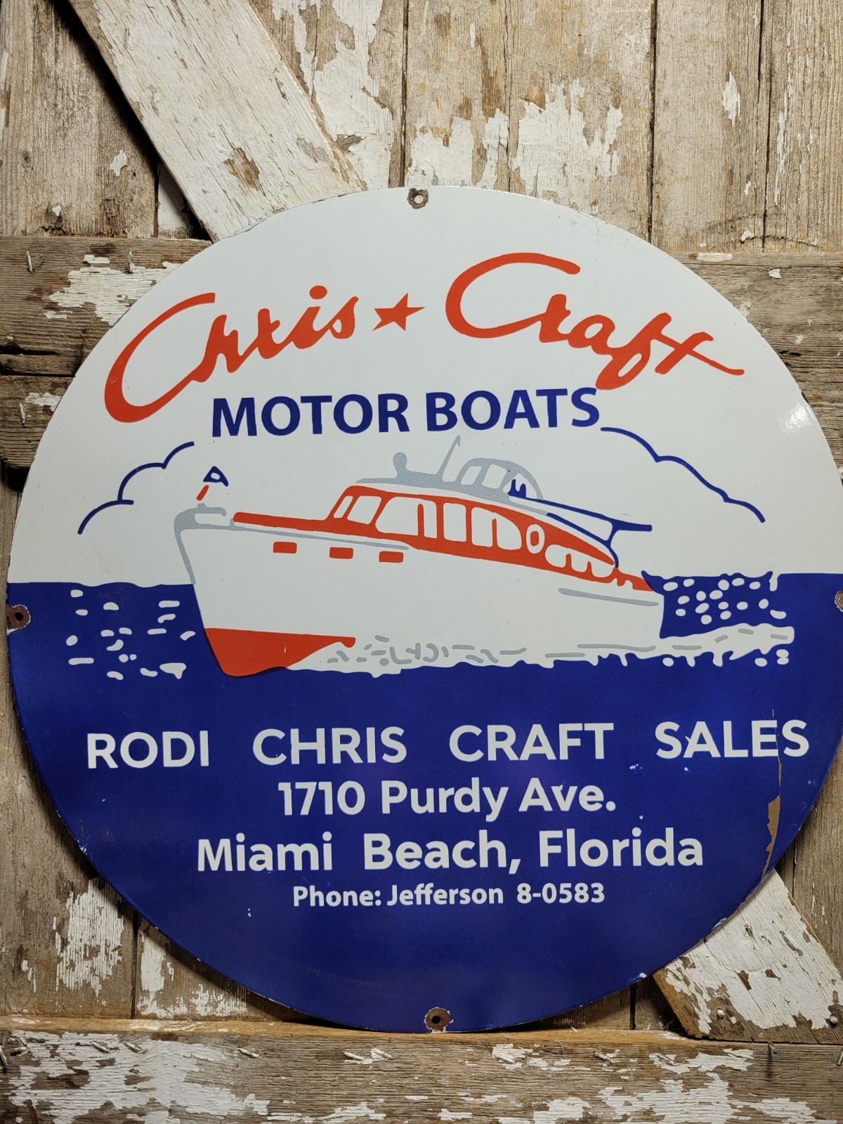 VINTAGE CHRIS CRAFT PORCELAIN SIGN RARE OLD MOTOR BOAT MIAMI FLORIDA YACHT OCEAN