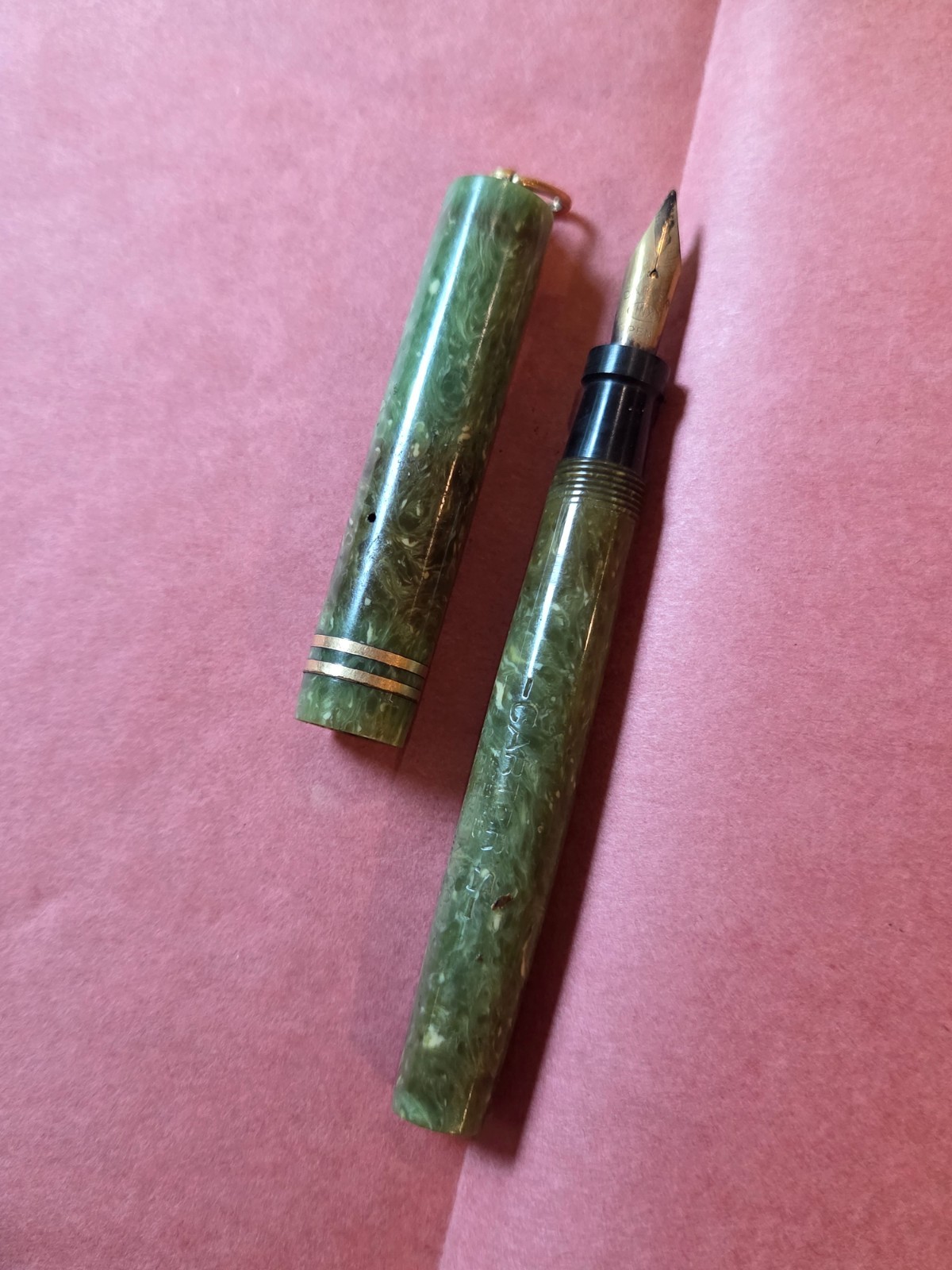 VTG Carters Ink Co Ring Top Fountain Pen w/ Gold Filled Trim & INX Nib GREEN