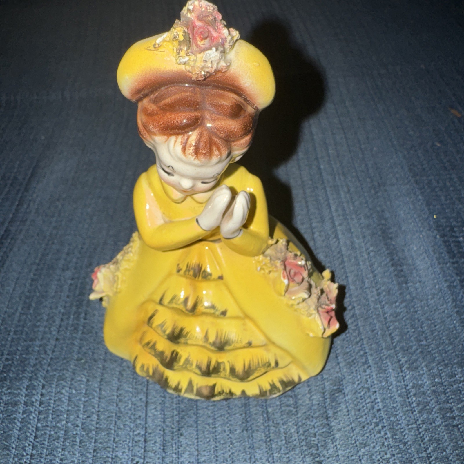 VTG Arnart Japan Woman In Yellow Dress Gold Trim Spaghetti Flowers Figurine