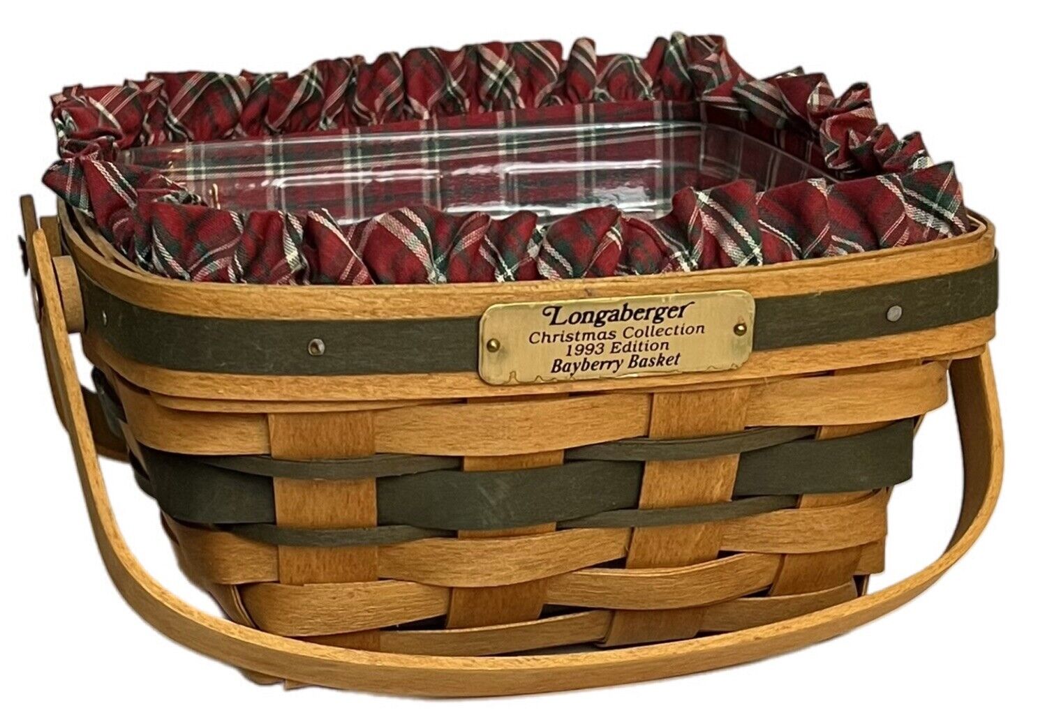 Longaberger Green Christmas Bayberry Basket 1993, Plaid Tidings Liner, Protector
