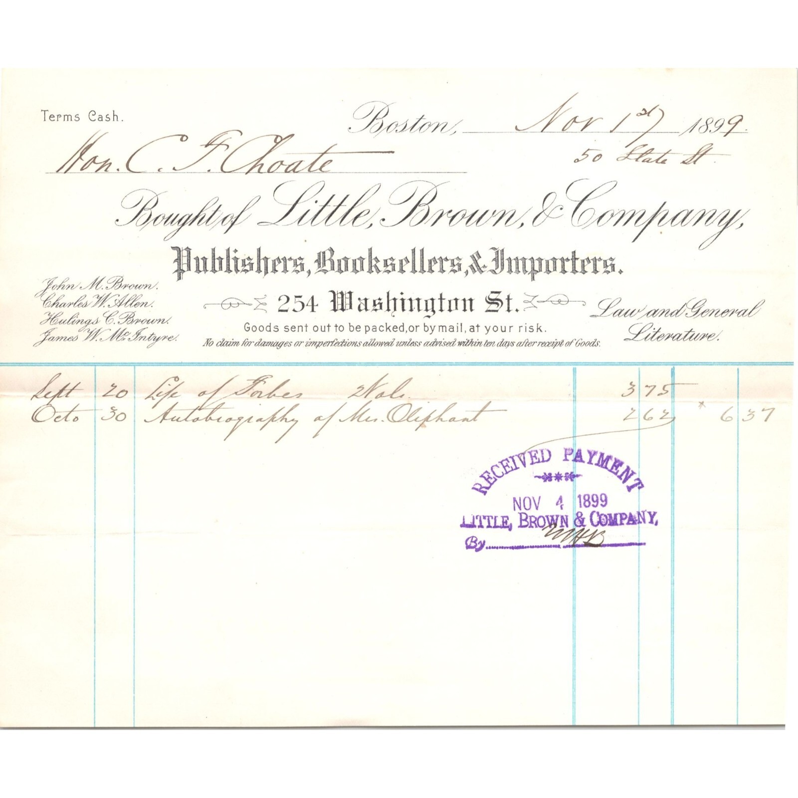 1899 Antique Billhead - LITTLE, BROWN & CO - Publishers Booksellers - Boston 1899 Antique Billhead - LITTLE, BROWN & CO - Publishers Booksellers - Boston