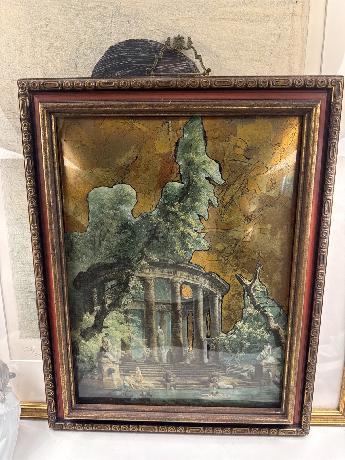 Vintage Sungott Art Studios Framed Decoupage Convex Glass Gold Leaf Style 424 CD