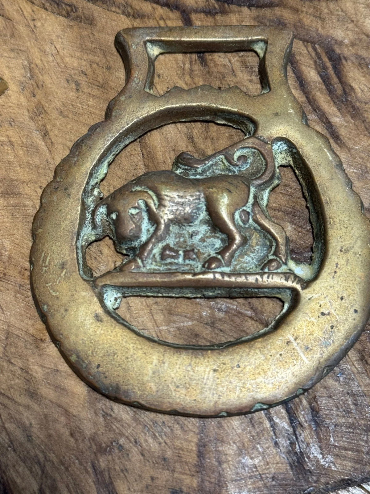 Vintage  Brass Horse Medallion with Bull Figure
