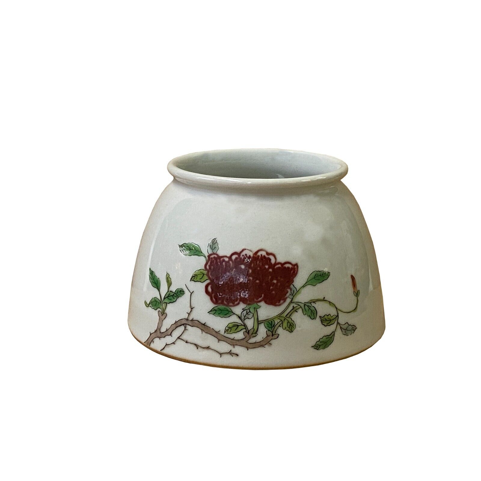 Chinese Off White Porcelain Red Flower Graphic Display Bowl Container ws3231