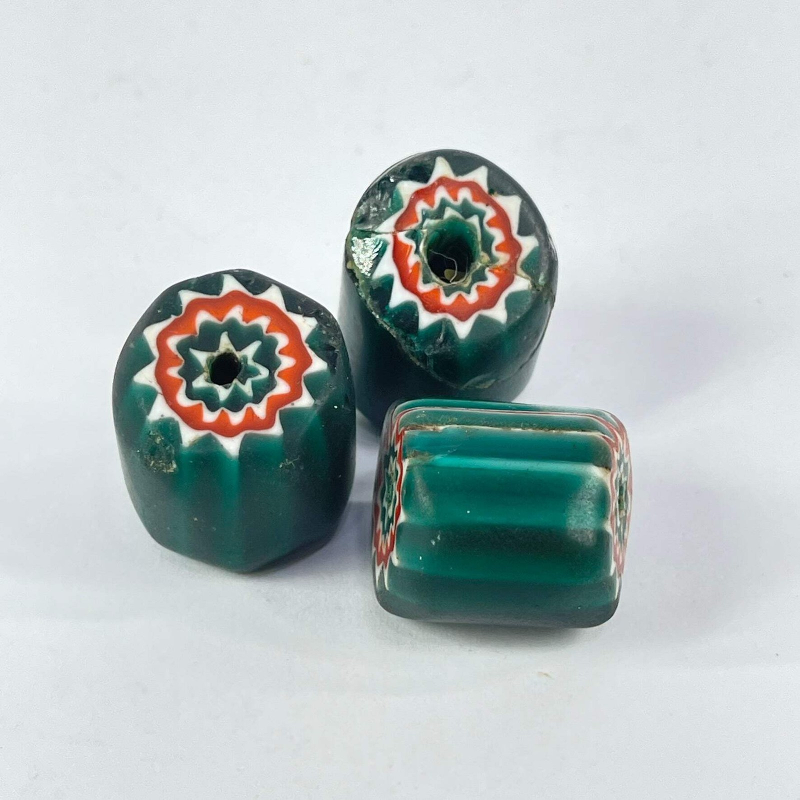3 Early Chinese Made 6-Layer Green Chevron Style Trade Beads