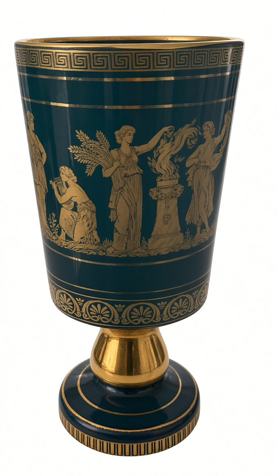 Vintage Greek Vase Handmade Greece 24K Gold Black Classical Figures Pedestal