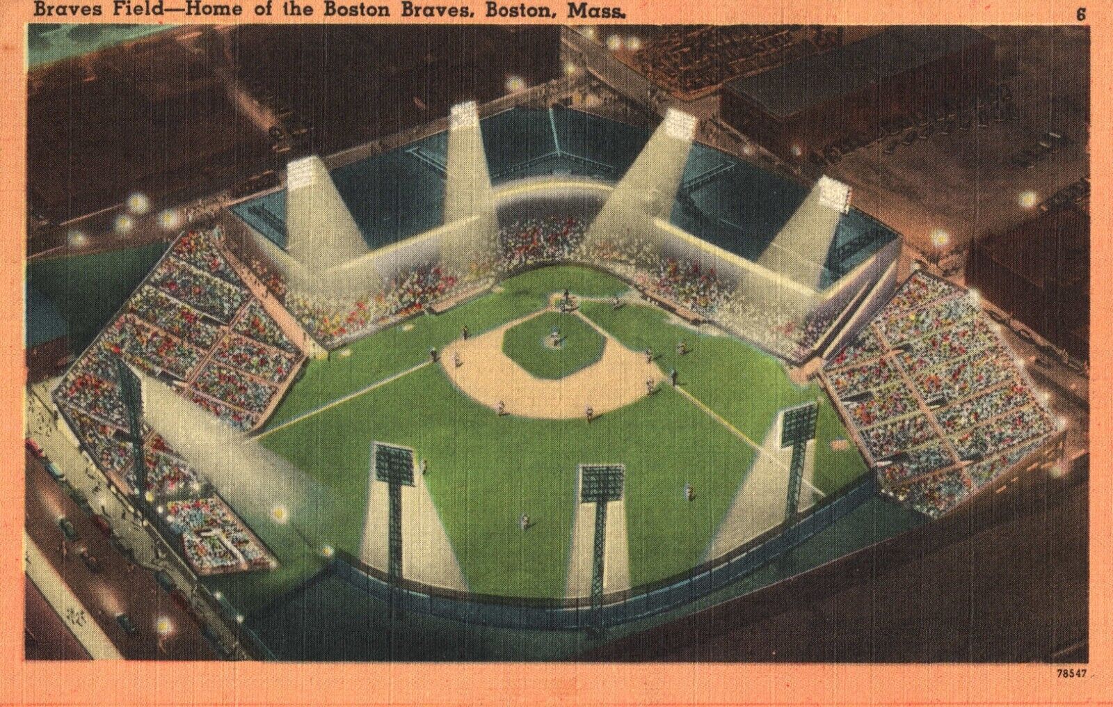 Boston Braves Field Baseball Stadium Night Aerial View Allston MA 1958 Postcard