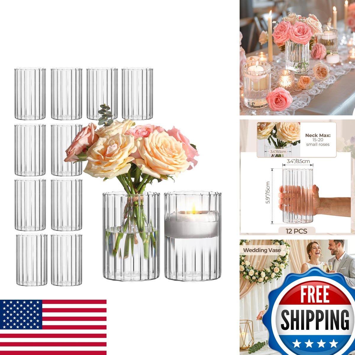 ComSaf Glass Cylinder Vases 12 Pcs 6 Inch Tall, Clear Ribbed Bud Vases