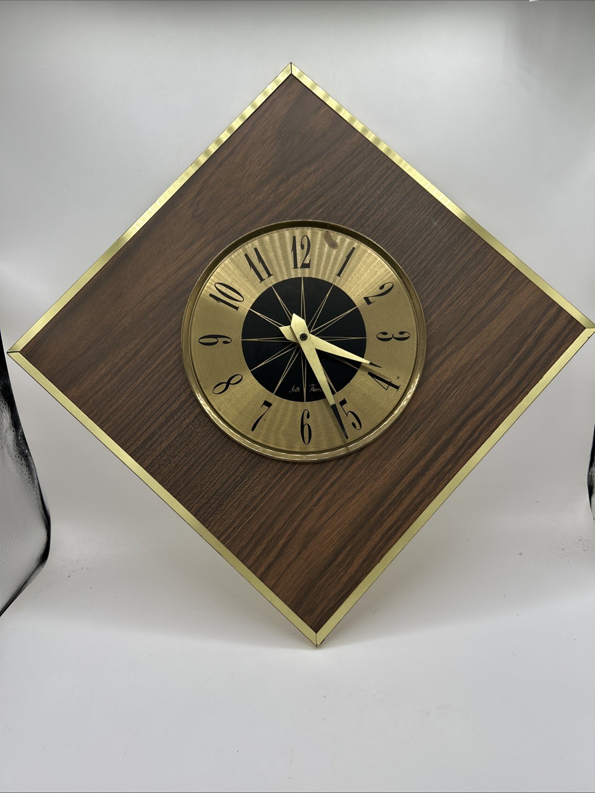 VTG MCM Seth Thomas Clock Woodgrain Gold Atomic No Secondhand With Flaws WORKS VTG MCM Seth Thomas Clock Woodgrain Gold Atomic No Secondhand With Flaws WORKS