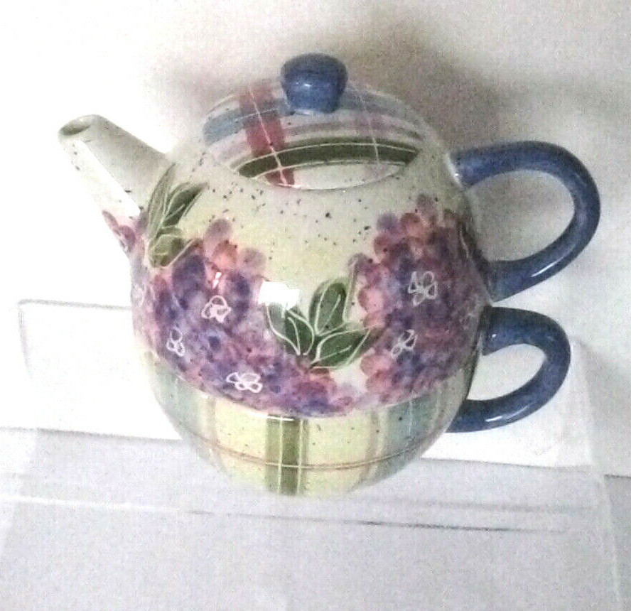 Julie Ueland 3 pc Teapot Lge Cup Enesco 1999 Hydrangea Floral New Vtg Cottage