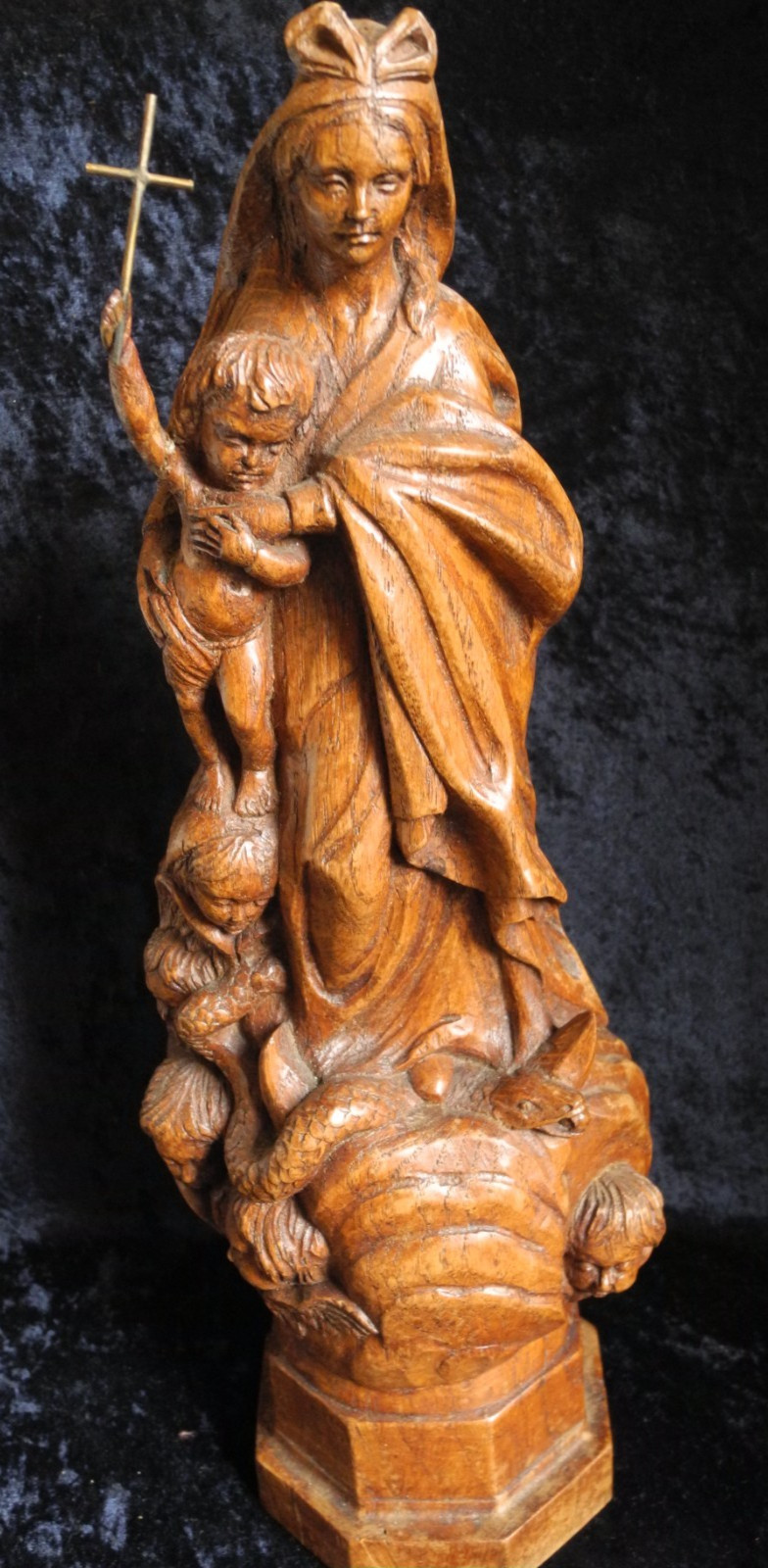ANTIQUE CARVED OAK MADONNA & CHILD STATUE MARY JESUS TREADING ON SNAKE