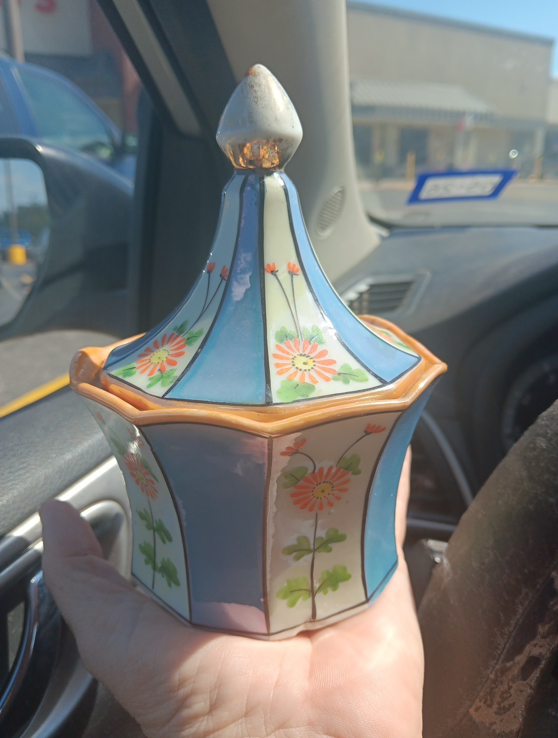 Vintage Lusterware Covered Candy Dish Peach Blue Gold Ceramic Porcelain Painted
