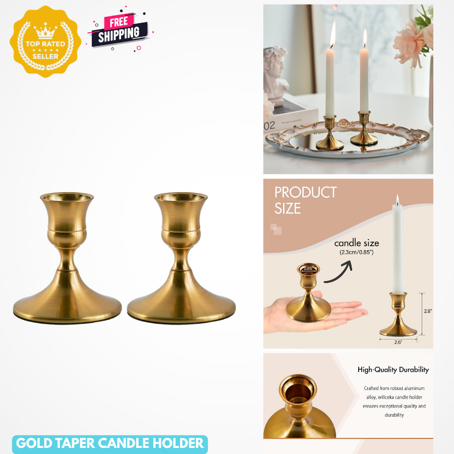 Gold Taper Candle Holder, Brass Candlestick Holders, 2 Pcs,