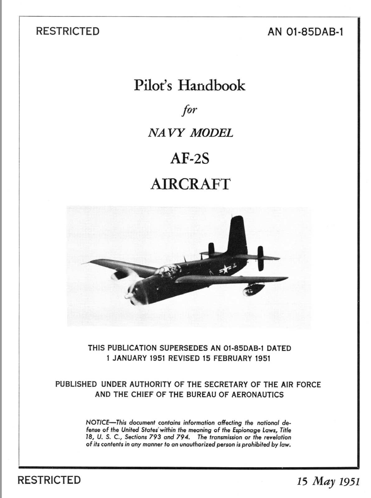 78 Page Navy AF-2S Guardian Anto-Submarine Pilot\'s Handbook AN 01-85DAB-1 on CD