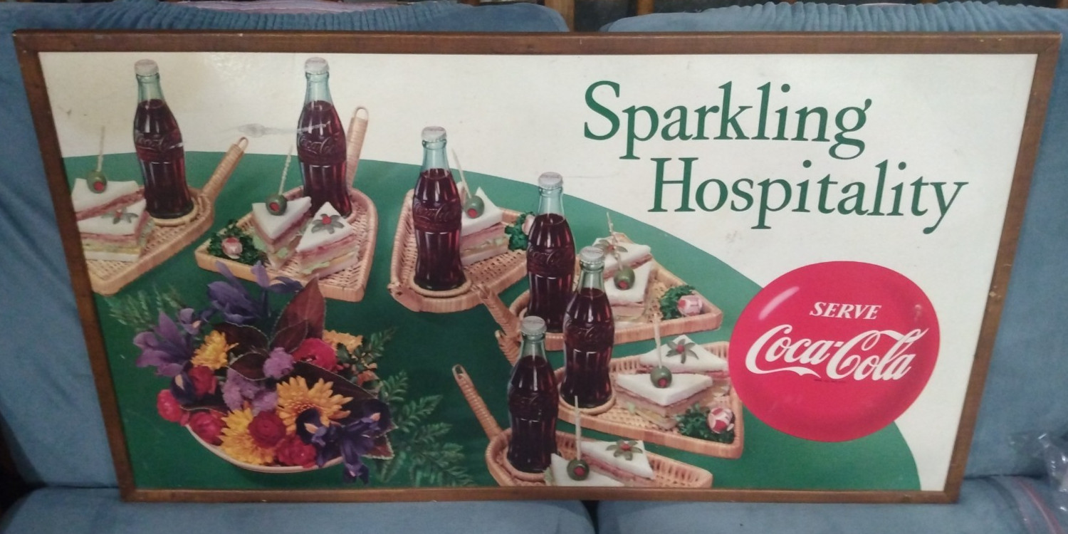 Rare Original Sparkling Hospitality Coca Cola cardboard sign with frame Rare Original Sparkling Hospitality Coca Cola cardboard sign with frame