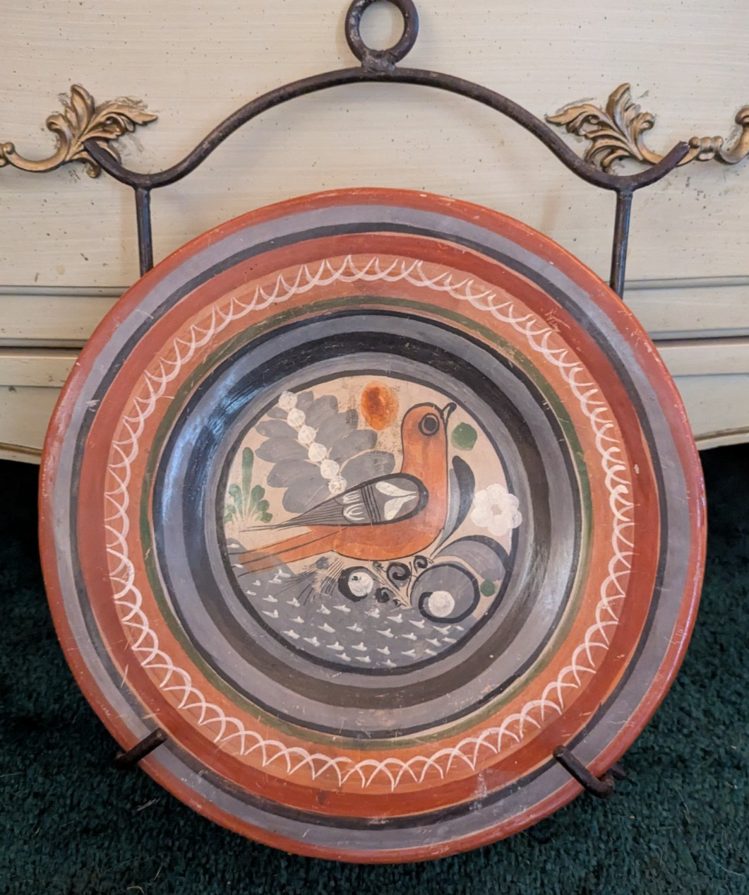 Vintage Tonalá Mexican Folk Art Pottery Plate w/ Wall Hanger