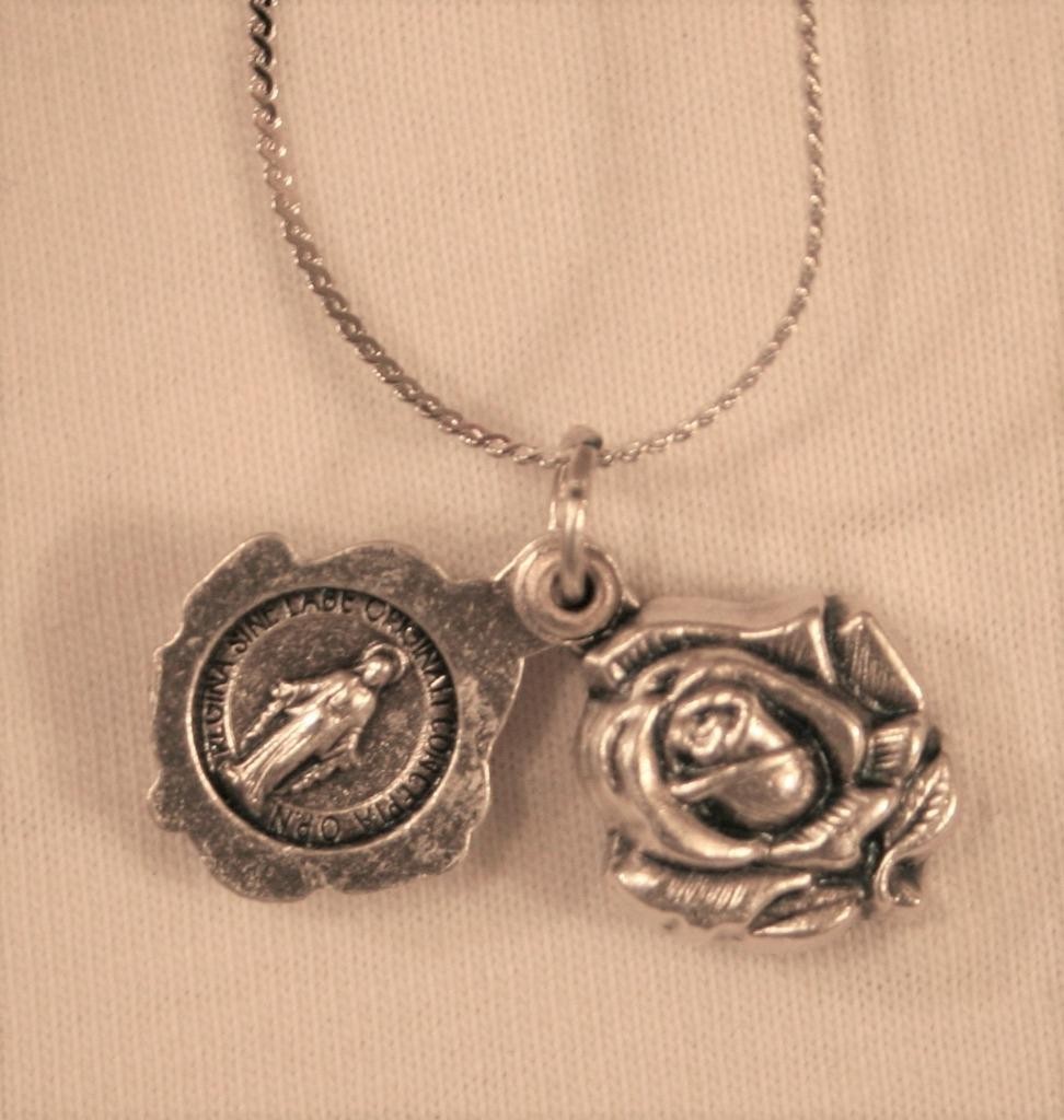 Large Sculpted Rose Miraculous Mary Immaculate Slider Locket Silvertone Necklace