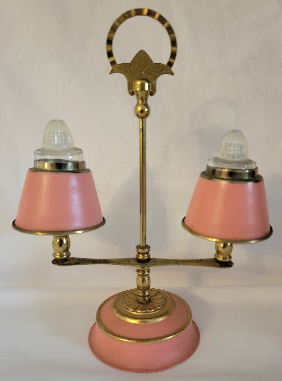 Kitschy Pink Metal Brass Glass Salt Pepper Shakers Vtg Retro