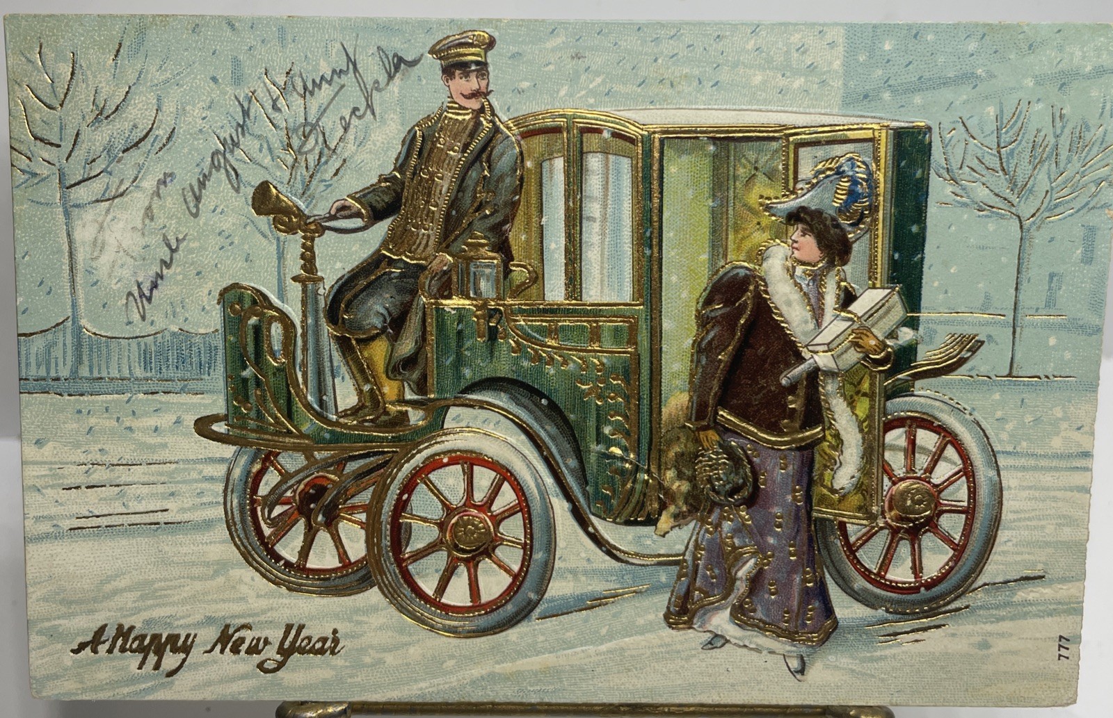 VTG 1907 NEW YEAR\'S PC LADY HAT FUR GIFTS DRIVER HORSELESS CARRIAGE Gold Emboss