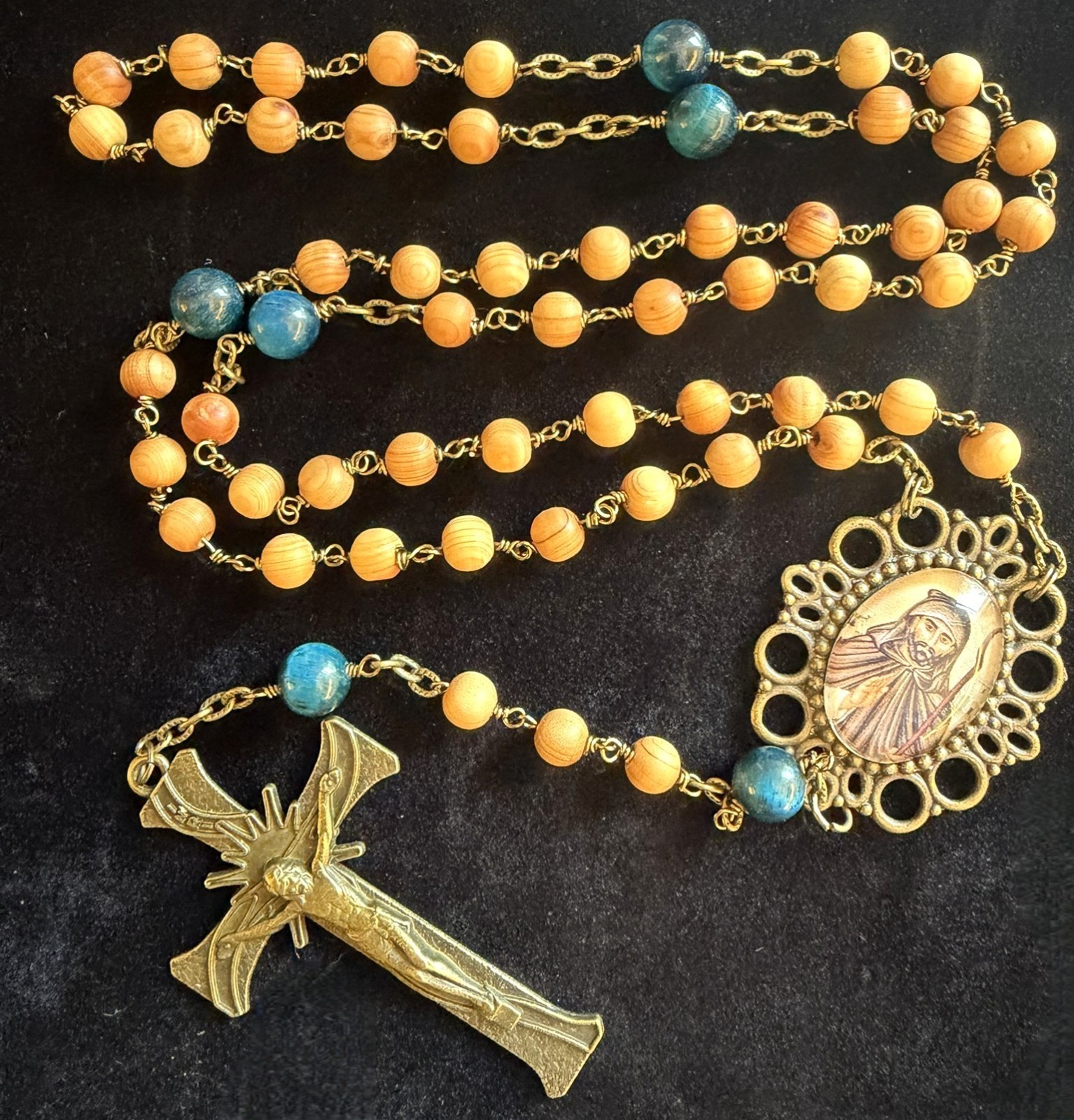 Handmade St John the Baptist Rosary Fragrant Cedar Wood & Blue Tiger\'s Eye 23\