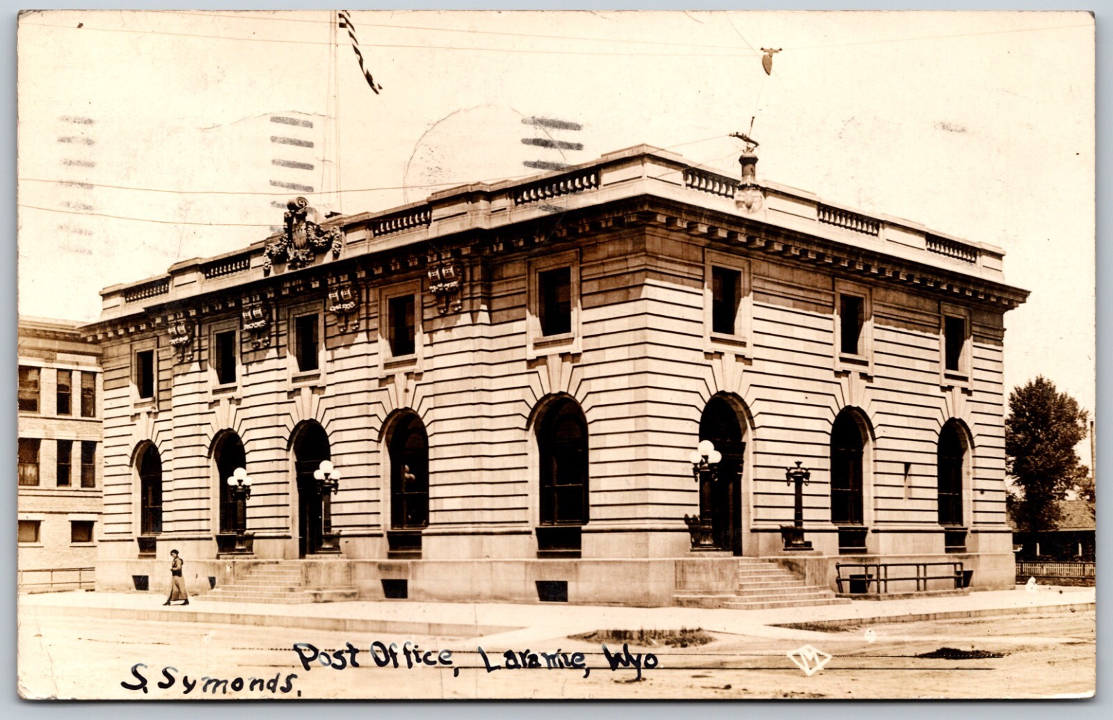c1912 RPPC Woman Walks Out of Post Office LARAMIE Wyoming VINTAGE Photo Postcard