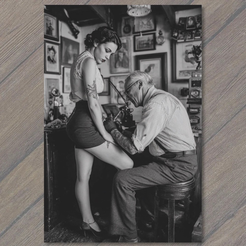 POSTCARD Tattoo Shop Pinup Woman Thigh Ink Artist Black White Retro Glam