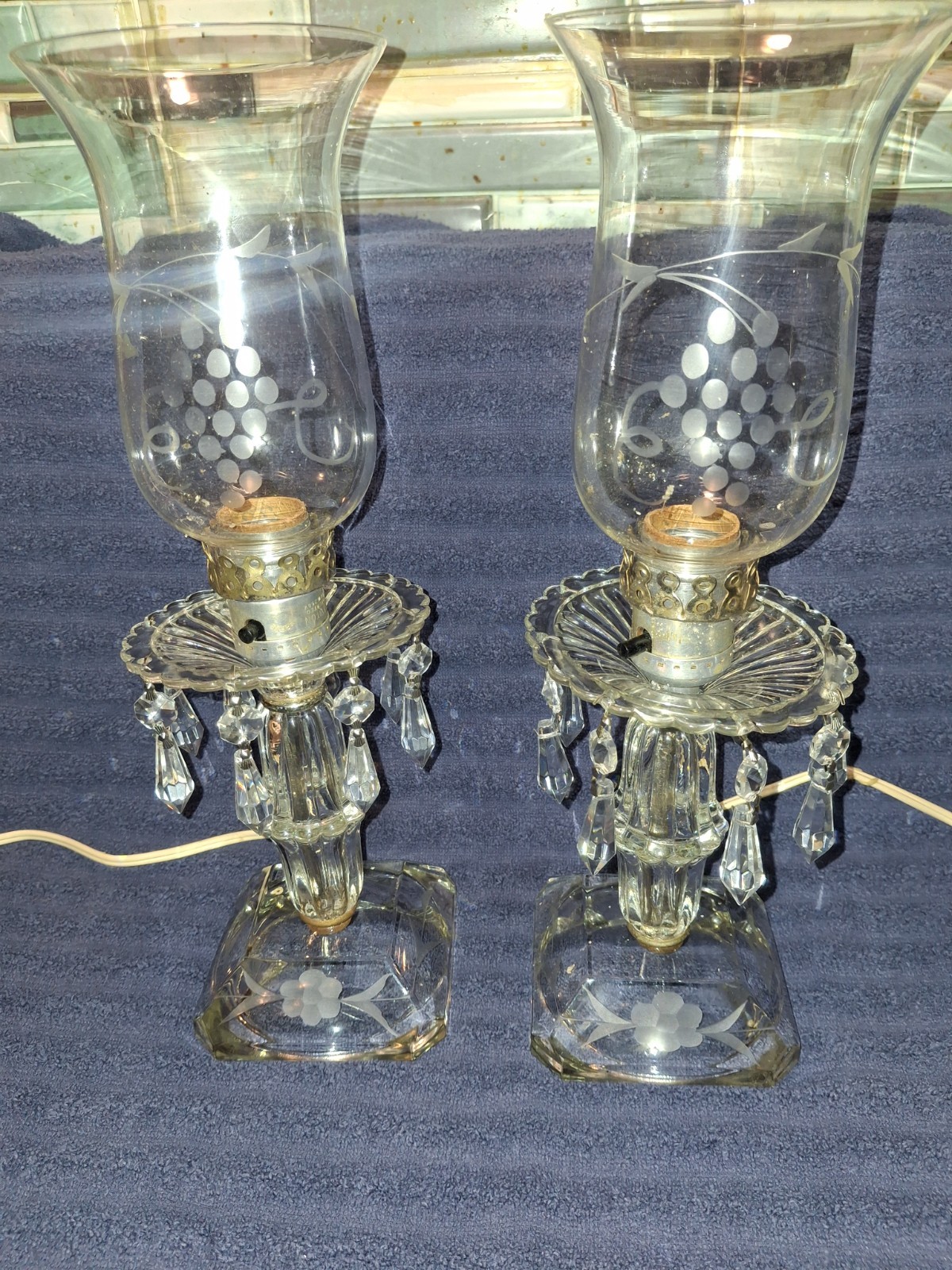 Vintage Pair Of Crystal Boudoir  Mantle Or Table Lamps. With Etched Chimney.