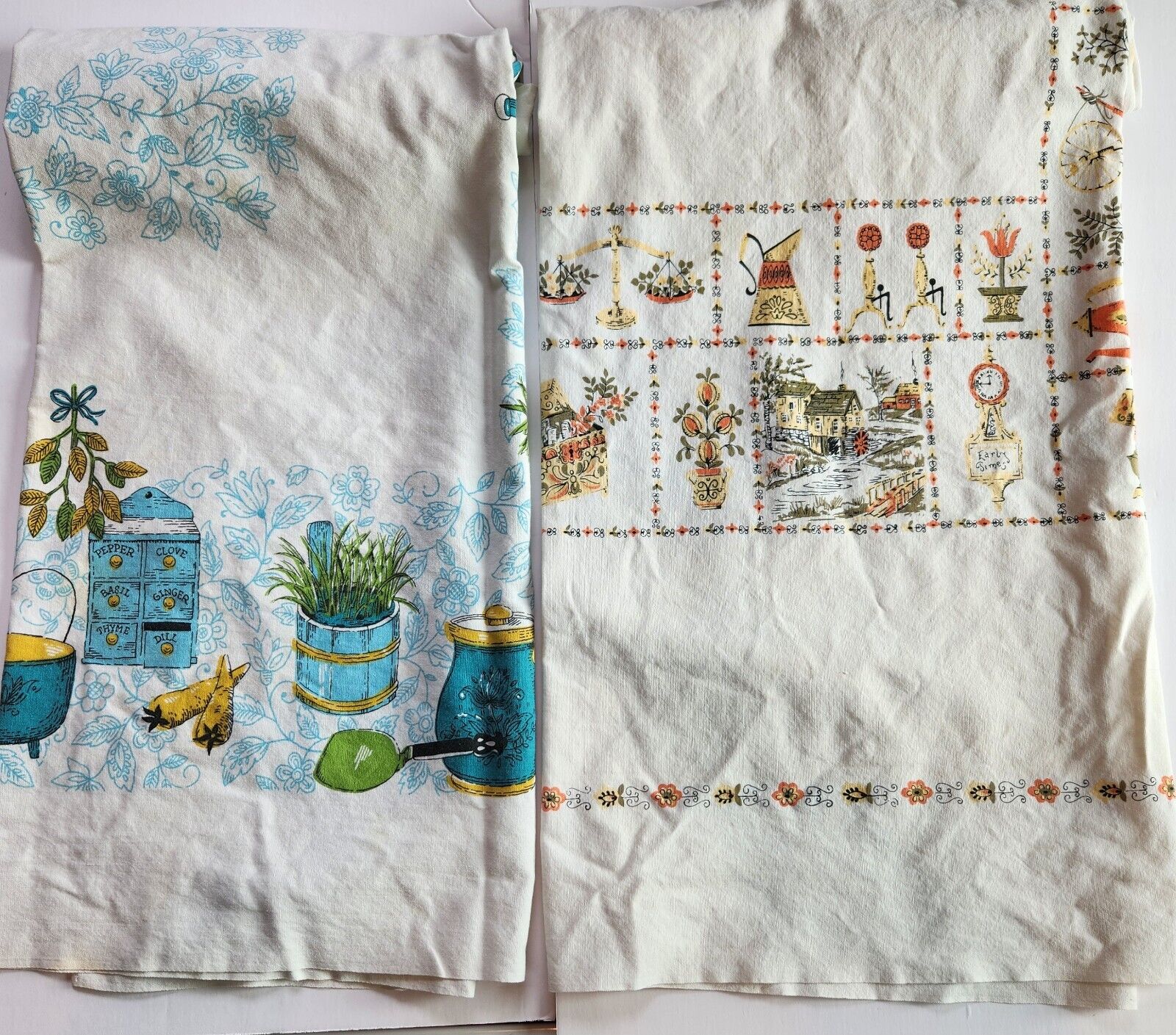 2 Linen Tablecloths Colonial Homestead Prints Aqua Coral Farmhouse Cottagecore 