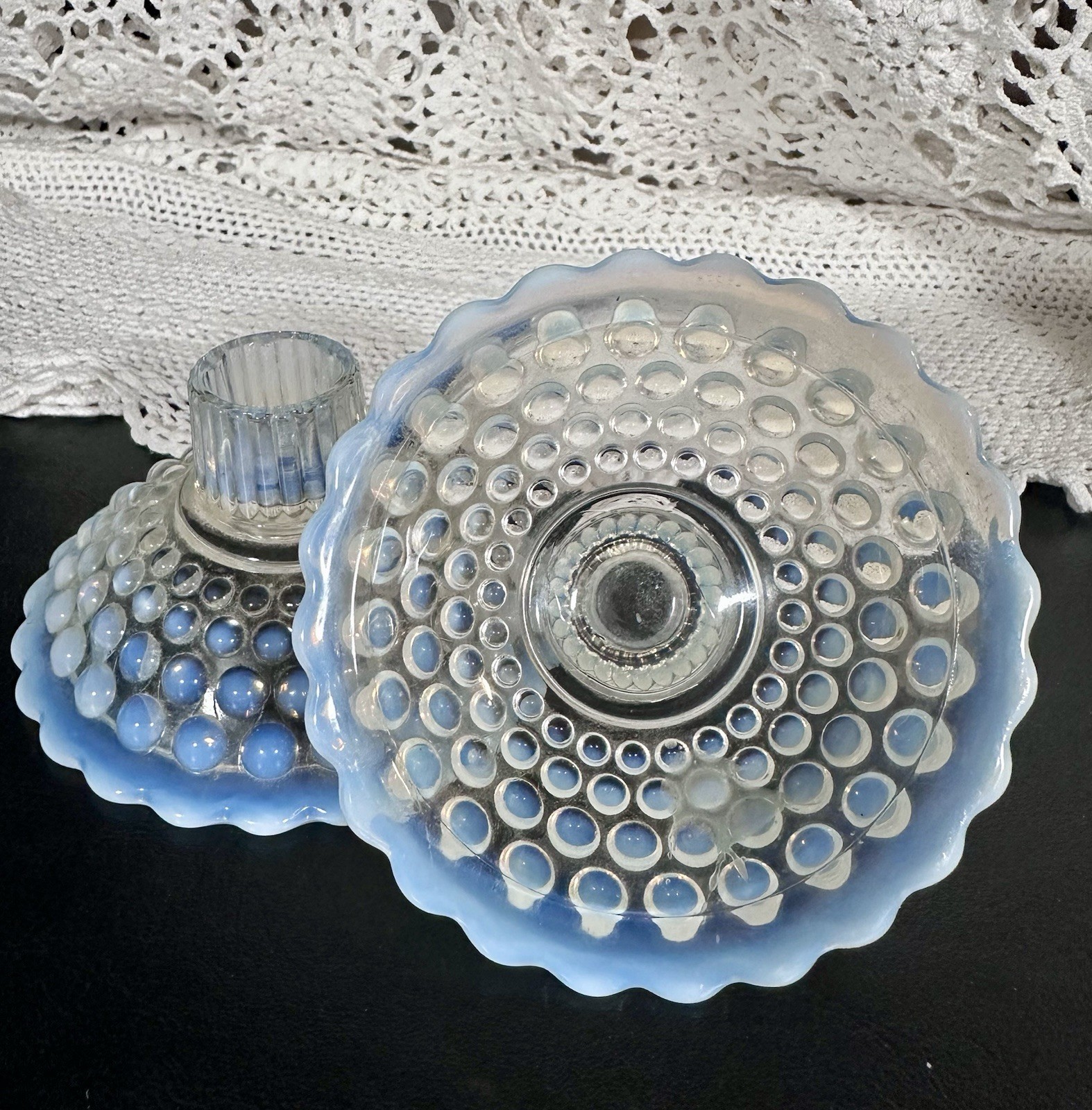 Vintage Opalescent Hobnail Moonstone Candle Holder Set White