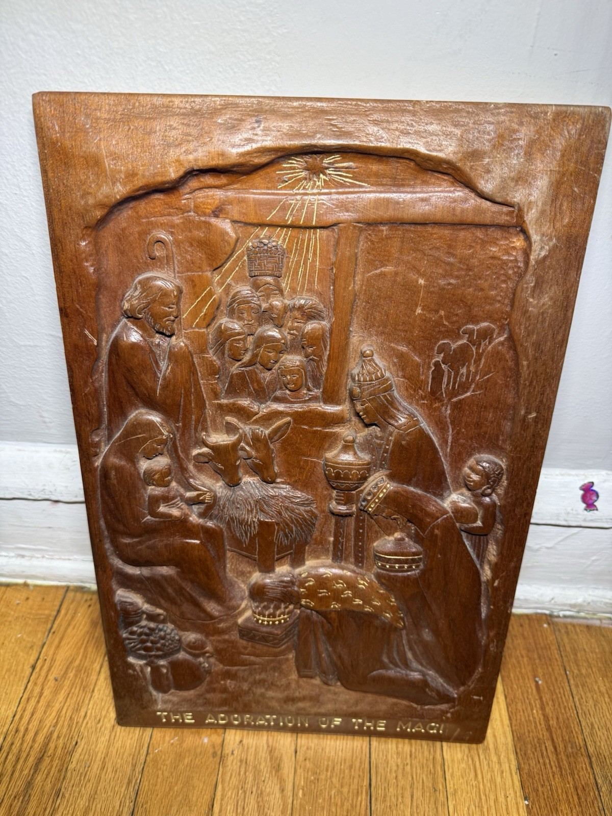 Vintage Carved Wood Nativity Wall Plaque Adoration of the Magi 18x12