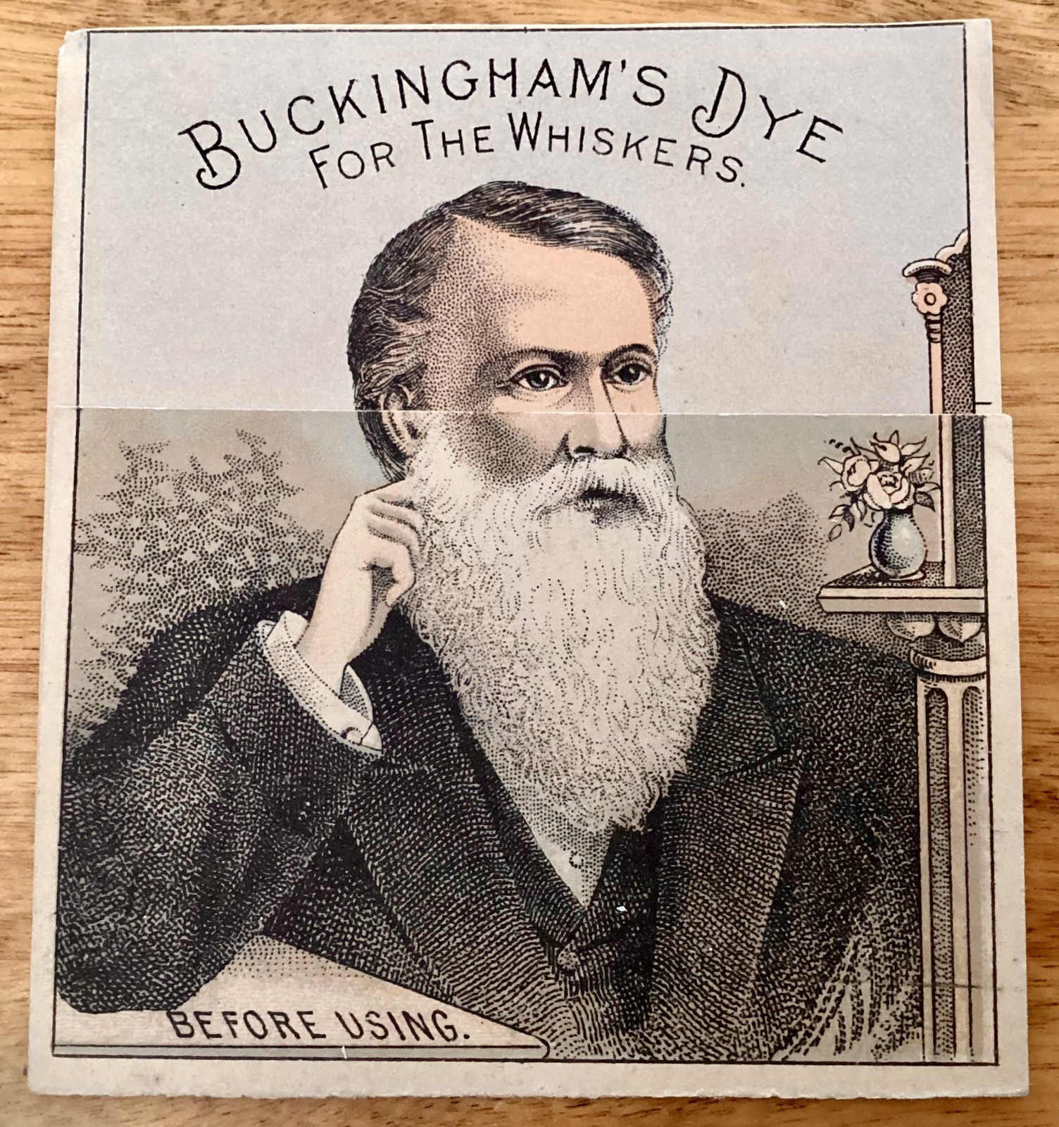 1880’s Mechanical Victorian Trade Card-Buckingham’s Dye for the Whiskers, #1