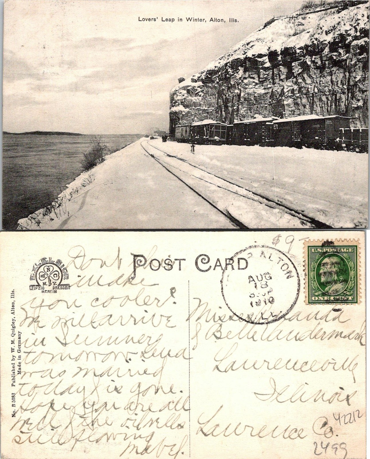 Alton Illinois lovers leap in winter to Postcard Used (42212)