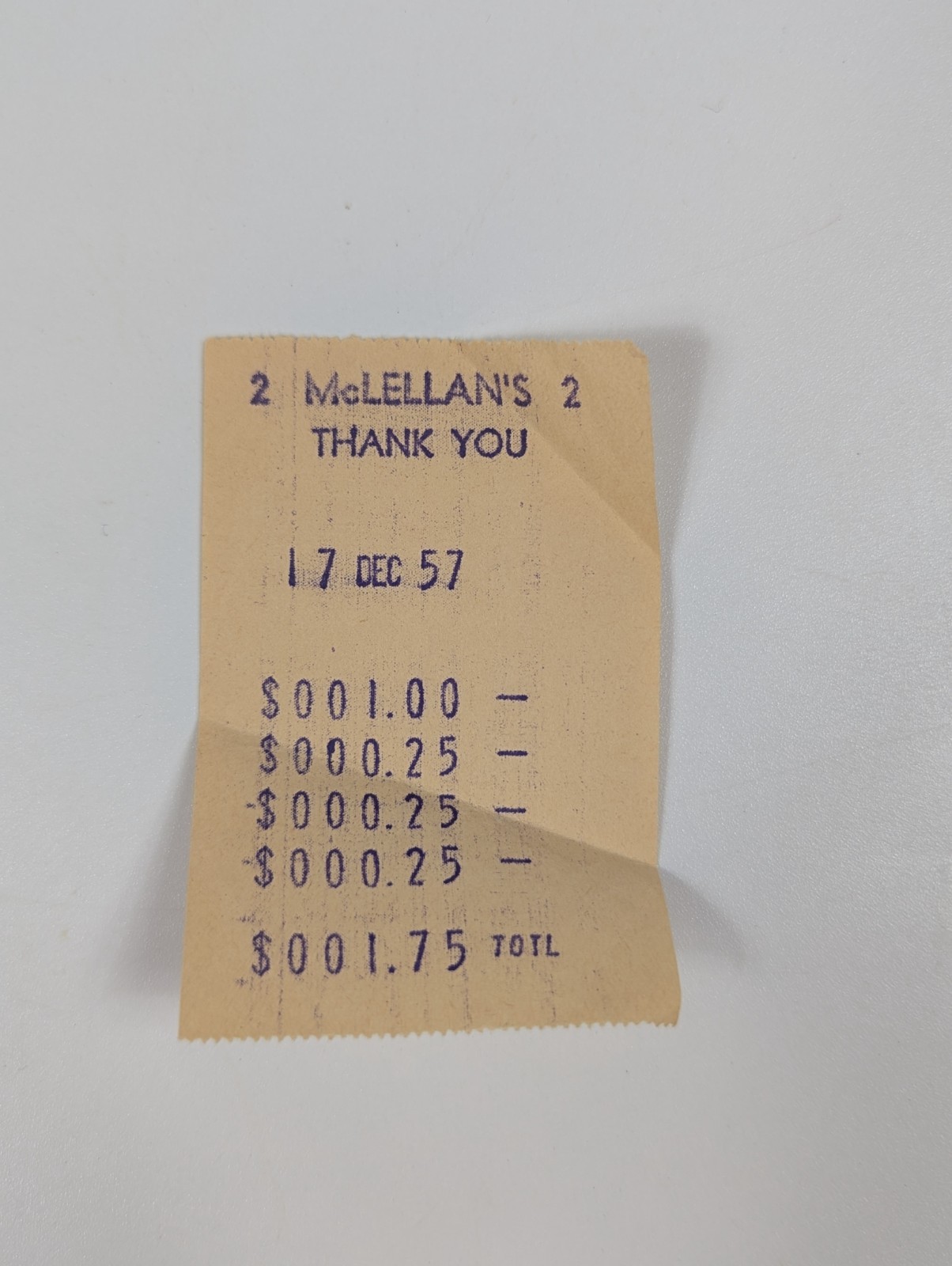 McLellan\'s Dime Store Receipt Rare 1957 Vintage Paper Ephemera Memorabilia 