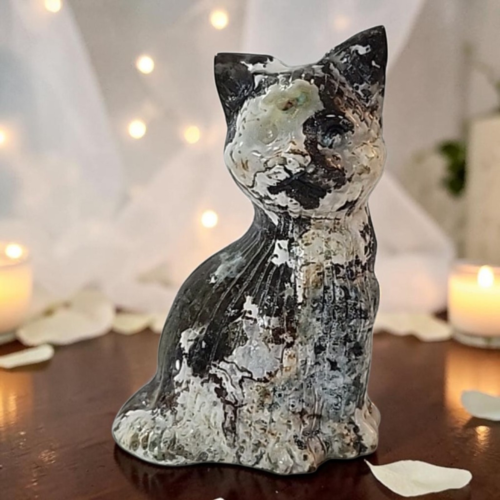 Vintage Australian Dendritic Opal Sitting Cat Stone Carving 4.25