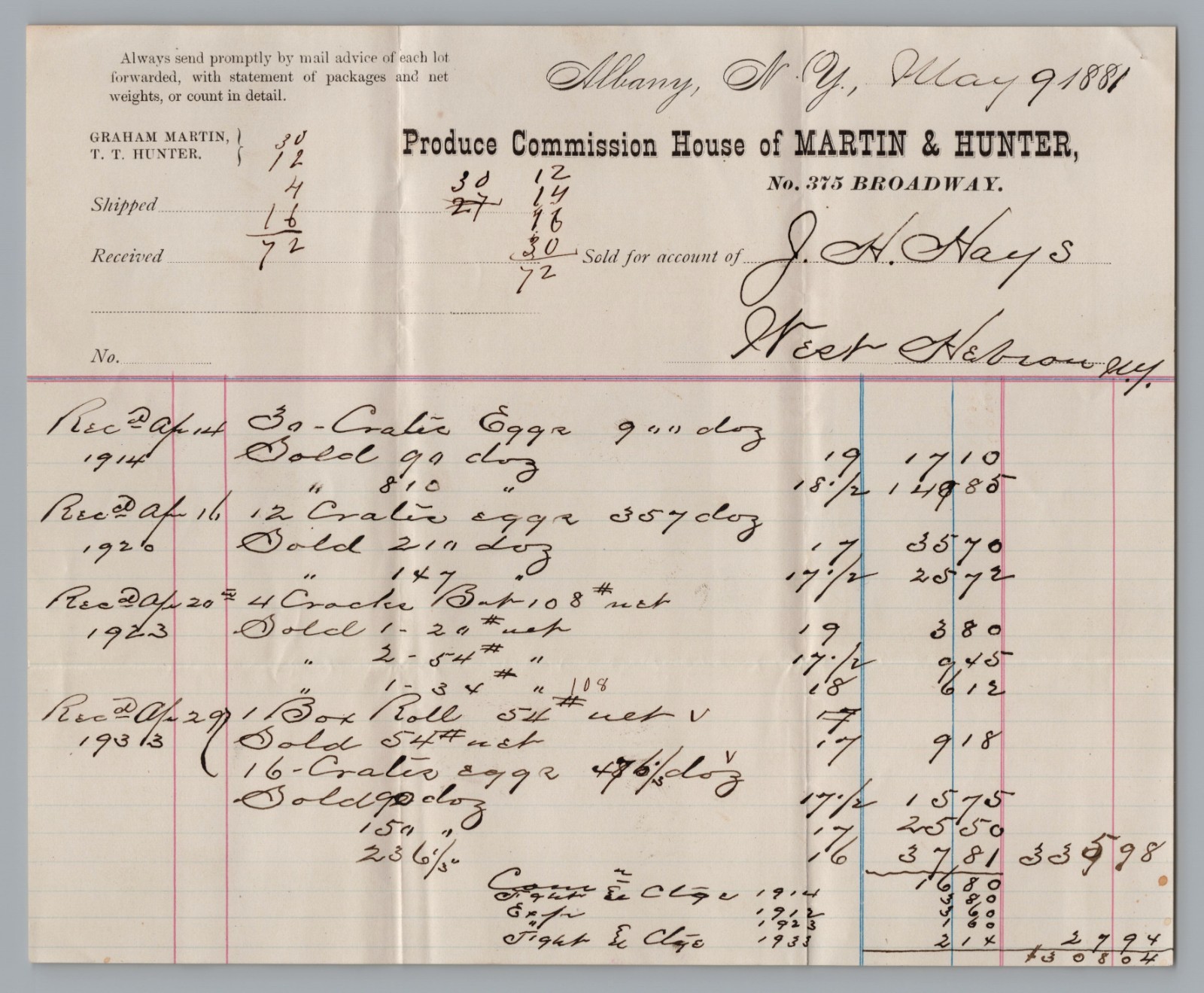 1881 Martin & Hunter Albany NY Produce Commission Billhead Receipt Ephemera